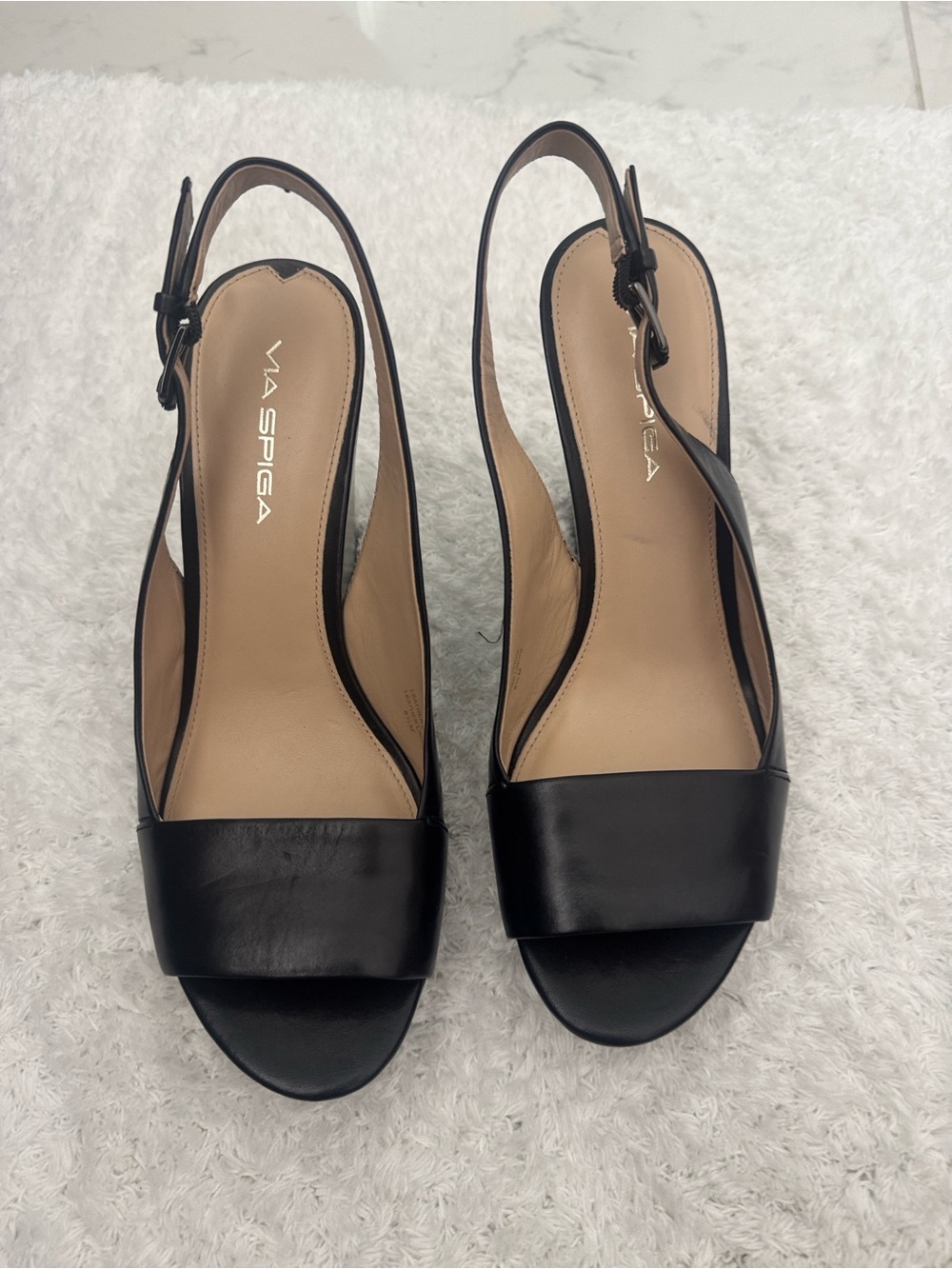 Via Spiga Black Leather Open-Toe Slingback Heels